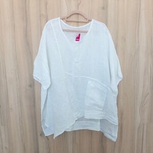 Renee Womens Linen Top OS White Made in Italy Pocket Oversized Lagenlook Coastal